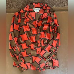 Women’s Carlisle Red and Brown Patterned Silk Long Sleeve Blouse - size US 2